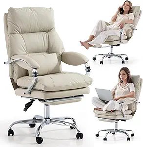 LEAGOO Office Chair with Foot Rest, Ergonomic Executive Office Chair with Arms, Reclining High Back PU Leather Comfy Swivel Computer Desk Chairs with Wheels and Lumbar Support for