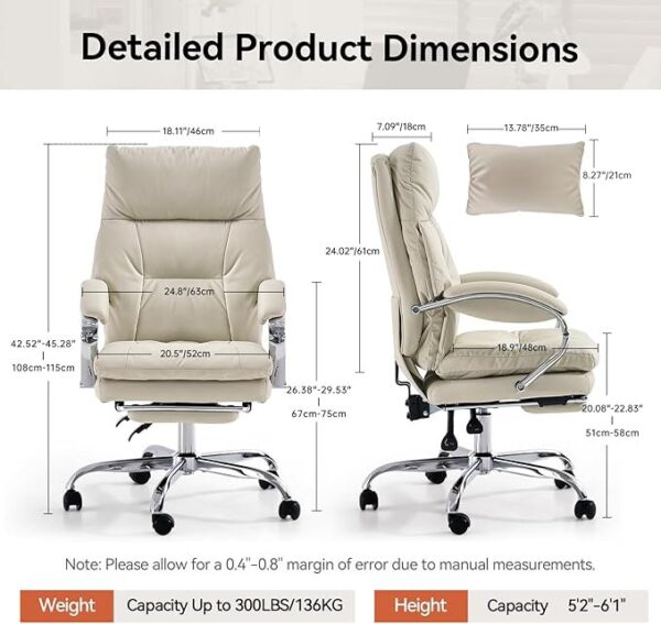 LEAGOO Office Chair with Foot Rest, Ergonomic Executive Office Chair with Arms, Reclining High Back PU Leather Comfy Swivel Computer Desk Chairs with Wheels and Lumbar Support for - Image 3
