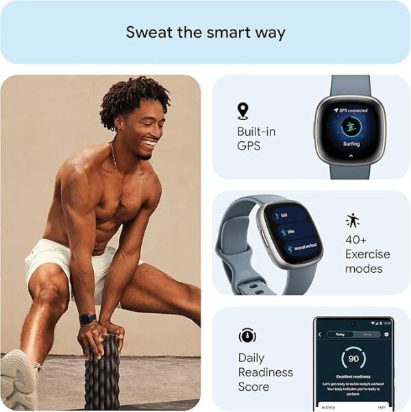 Fitbit Versa 4 Fitness Smartwatch with Daily Readiness, GPS, 24/7 Heart Rate, 40+ Exercise Modes, Sleep Tracking and More, One Size S & L Bands Included - Waterfall Blue/Platinum - Image 3