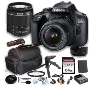 Canon 4000D (EOS Rebel T100) DSLR Camera w/EF-S 18-55mm F/3.5-5.6 Zoom Lens + 64GB Memory Card, Case, Hood, Grip-Pod, Filter, Professional Photo Bundle(23pc )