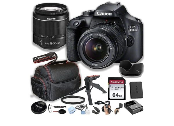 Canon 4000D (EOS Rebel T100) DSLR Camera w/EF-S 18-55mm F/3.5-5.6 Zoom Lens + 64GB Memory Card, Case, Hood, Grip-Pod, Filter, Professional Photo Bundle(23pc )