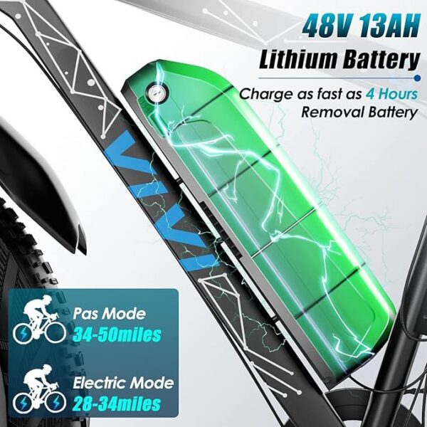 Vivi Electric Bike 26" x 4.0 Fat Tire Electric Bicycle, Peak 1000W Electric Mountain Bike, 25MPH Ebikes for Adults with 48V 13AH Removable Lithium-Ion Battery, Up to 60 Miles,SGS Certified to UL2849 - Image 3