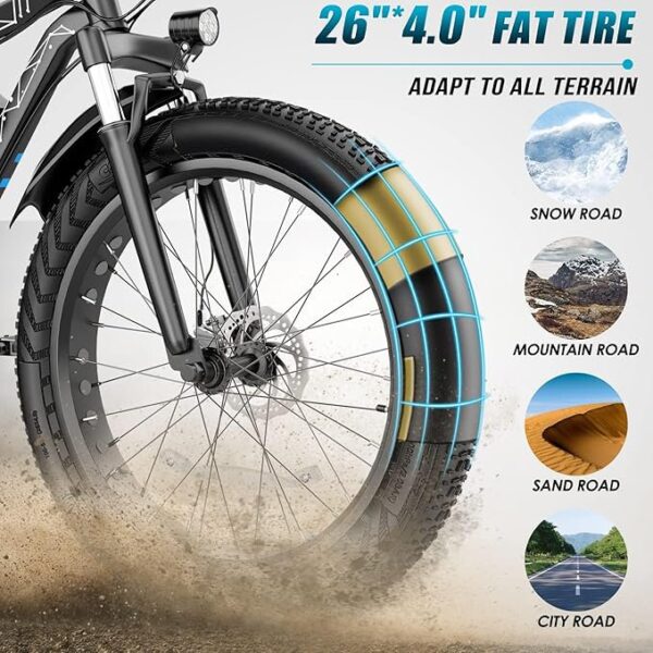 Vivi Electric Bike 26" x 4.0 Fat Tire Electric Bicycle, Peak 1000W Electric Mountain Bike, 25MPH Ebikes for Adults with 48V 13AH Removable Lithium-Ion Battery, Up to 60 Miles,SGS Certified to UL2849 - Image 2